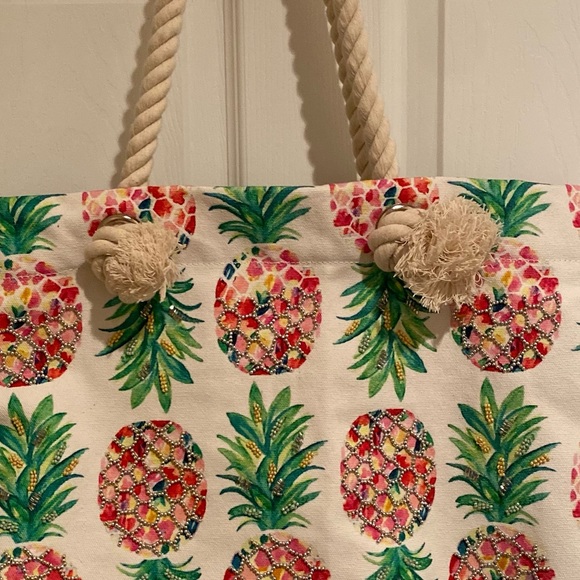 Pineapple Tote, Large Pineapple Beaded Canvas Tote With Large Rope Handles - Picture 4 of 16